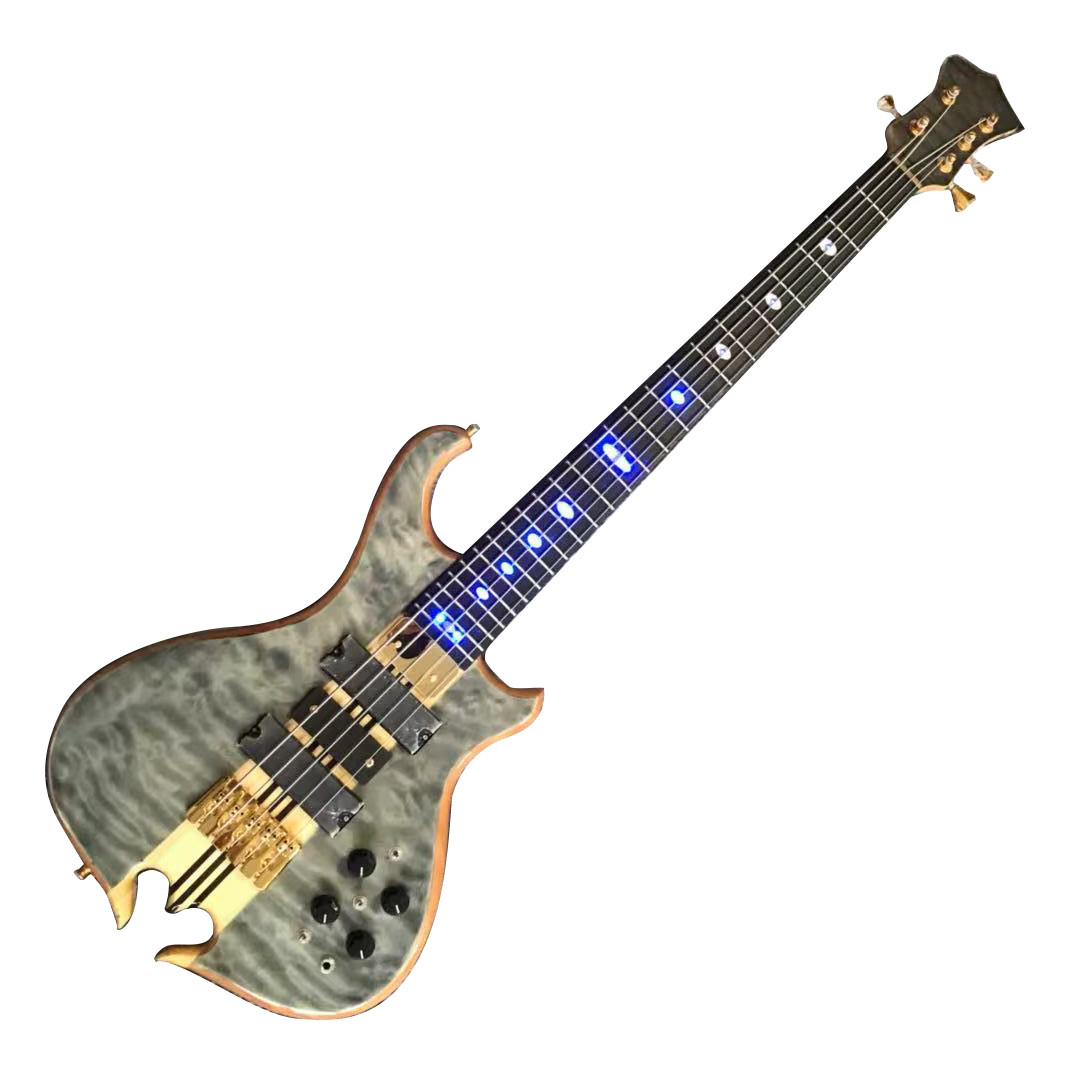 Custom Alem Style Mark King 5 Omega Cut Bottom Shape Neck Through Body Flamed Maple Top 5 Strings Bass Guitar
