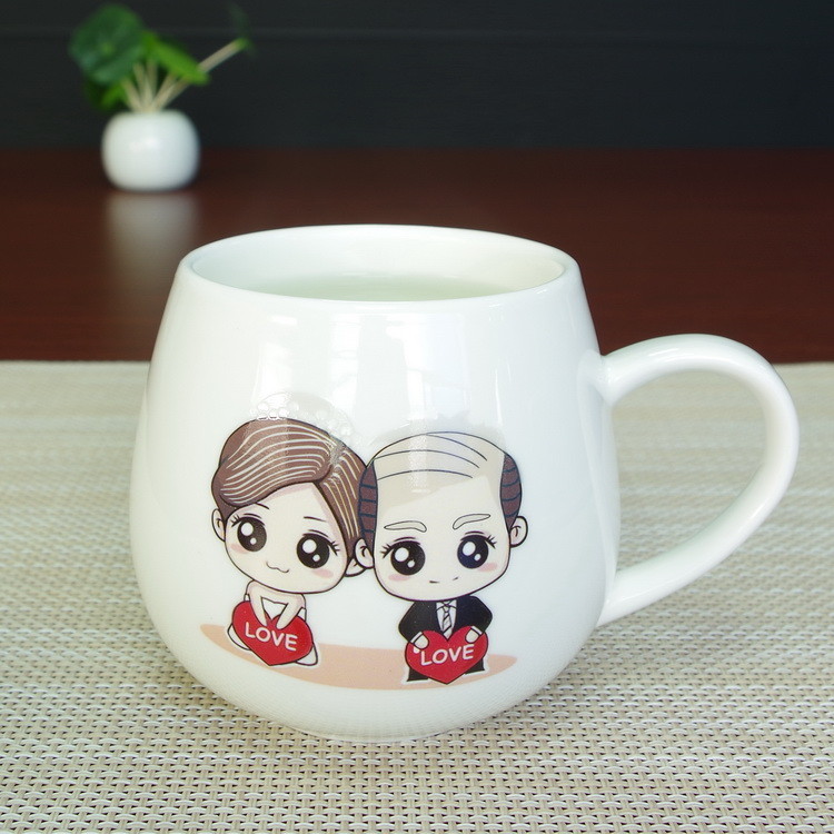Belly Shape High White Porcelain Couple Heat Activated Coffee Mug
