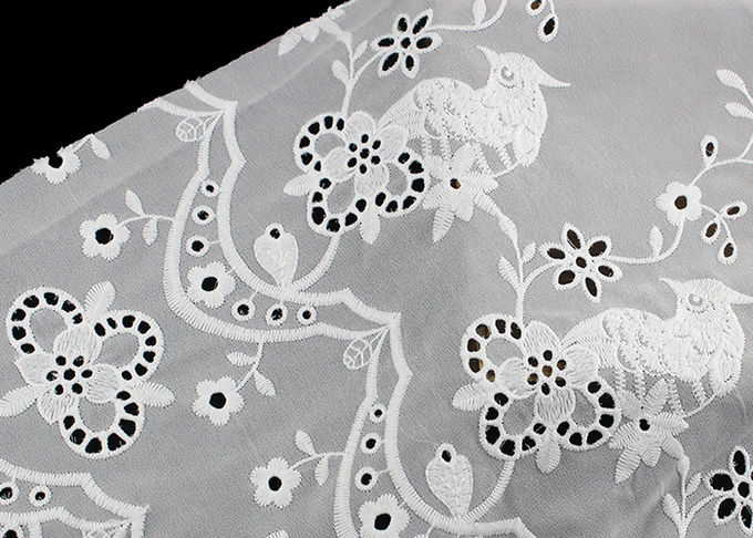 49 Inch Chiffon Embroidered Lace Fabric With Floral Bird Eyelet