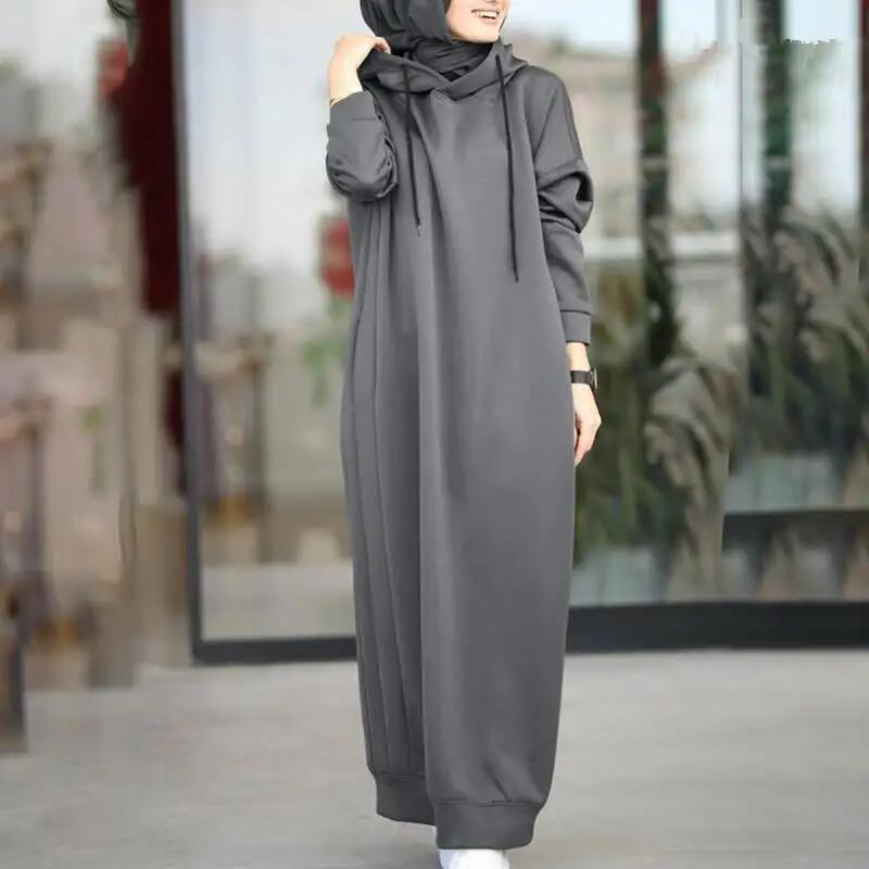 Solid Color of Long Style Set Islamic Clothing Autumn Winter Hooded Coat for Abaya Women Muslim Dress and Lady Hoodies Coat