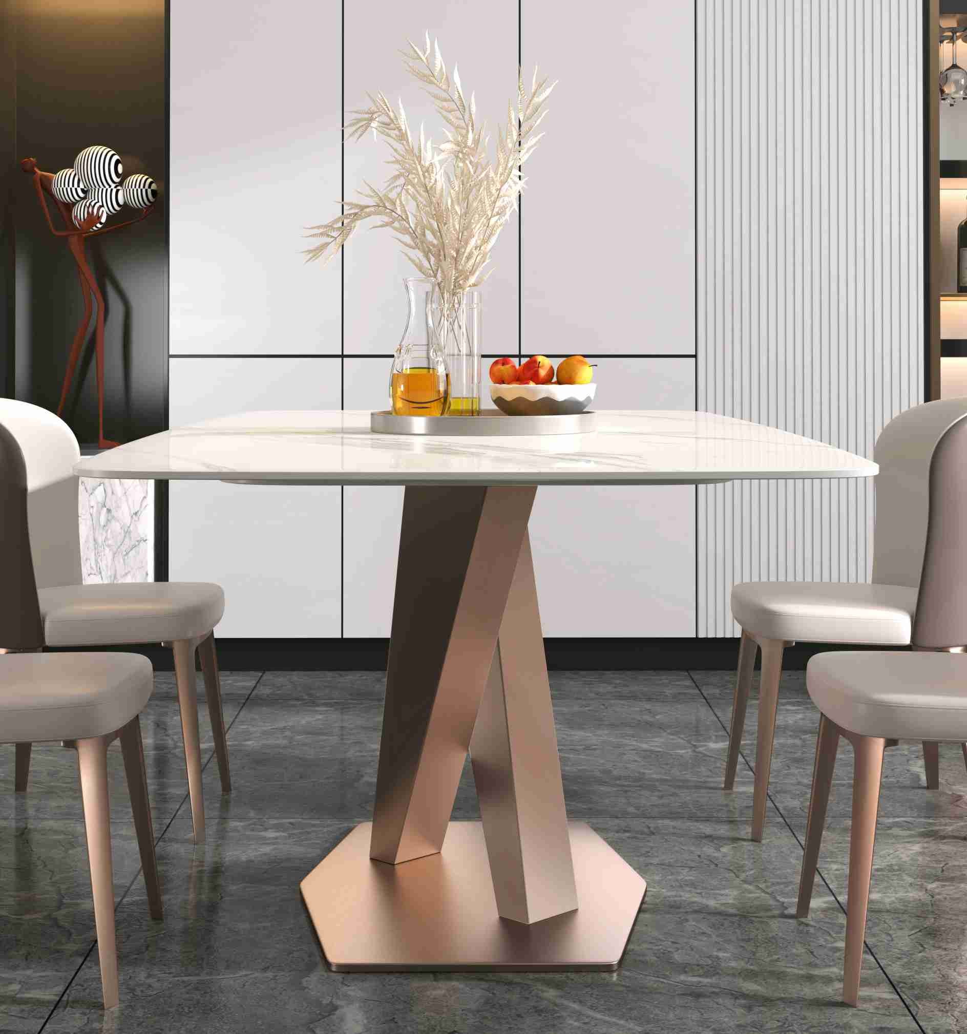 Plain X Base Luxury Modern Dining Tables 6 8 Seater Marble Top Stainless Steel Frame