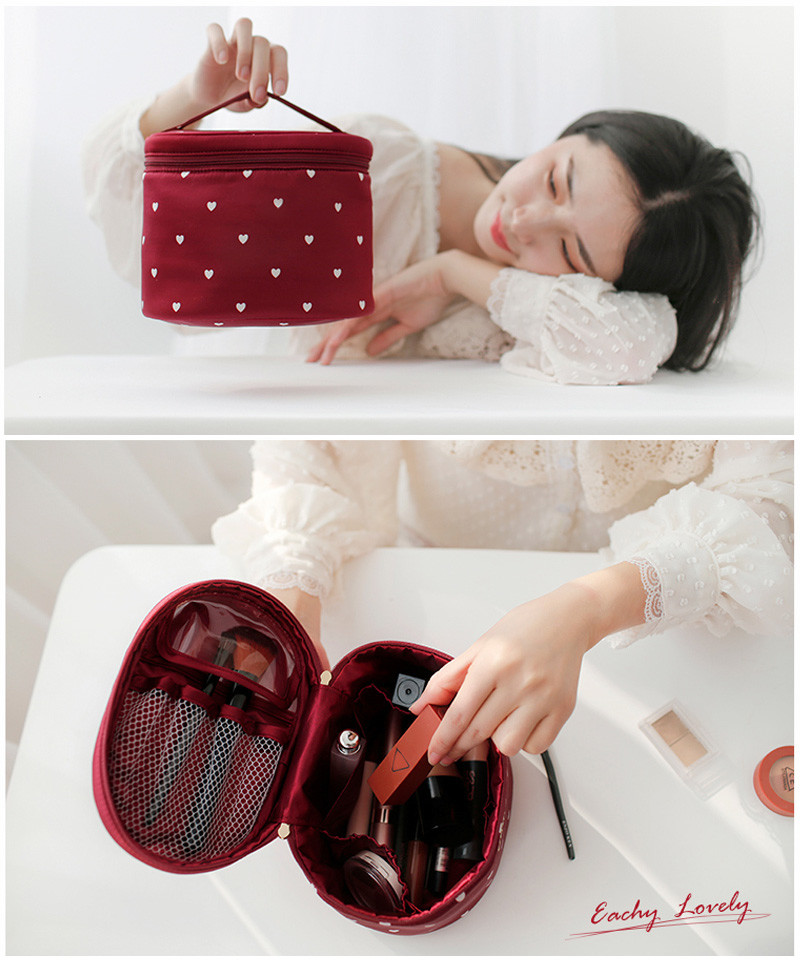 Heart Printed Zipper Closure Satin Cosmetic Makeup Bag
