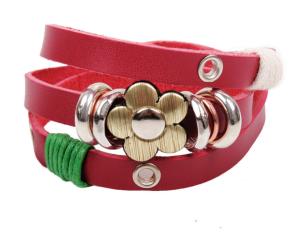 Wholesale Triple wrap red leather bracelets brass flower charm from china suppliers
