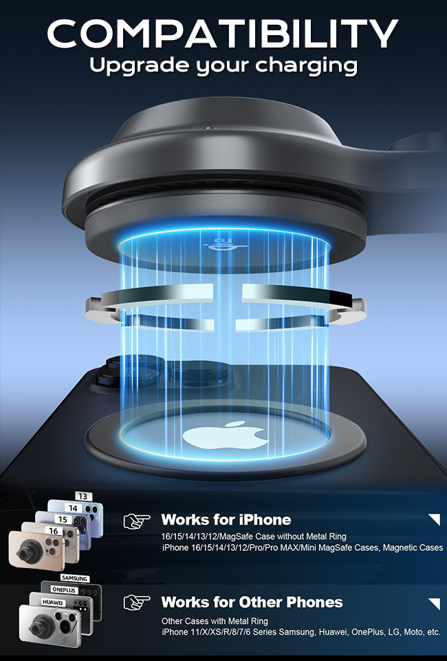 QI2 Certified Wireless Charging Station With Magnetic Suction And Ultra-Thin Design For Automotive And One-Handed Operation