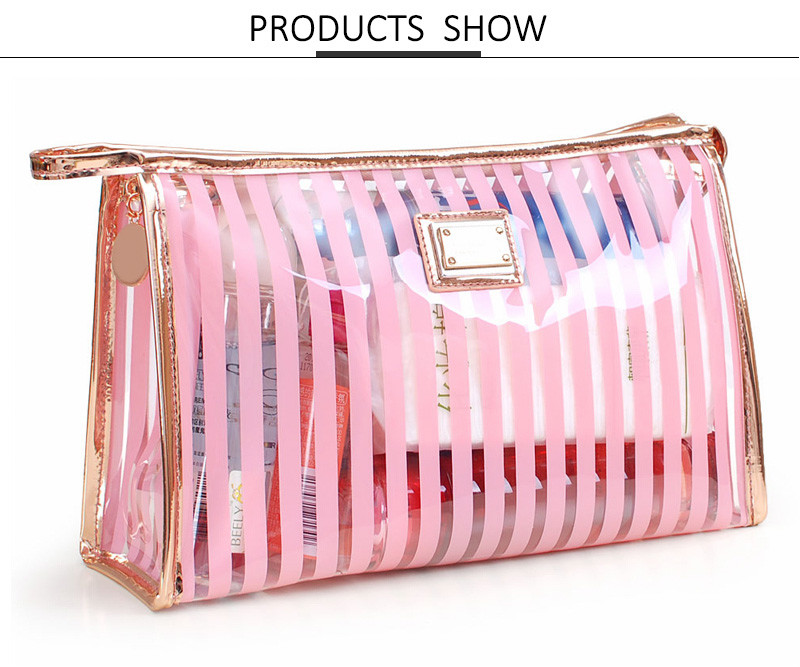 Pink Stripe Pattern Storage Bride PVC Cosmetic Bag