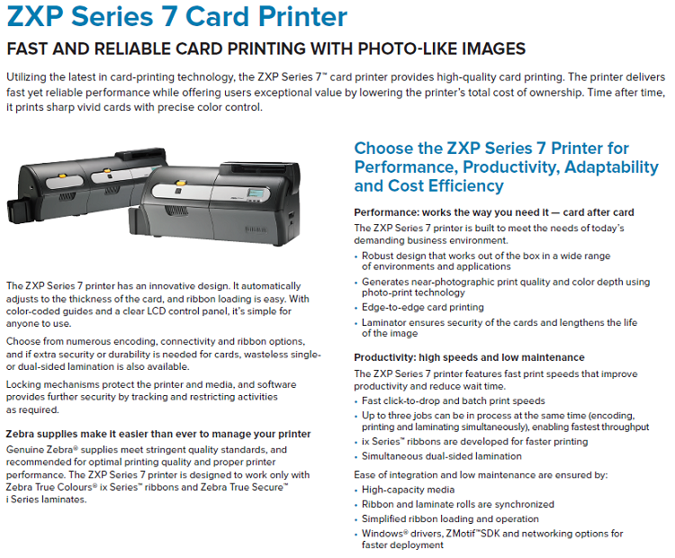 Zebra ZXP Series 7 Dual Sided Retransfer ID Card Printer with Optional Lamination Now
