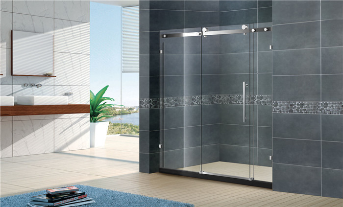 Frameless Sliding Door Shower Enclosure Satinless Bathroom With Big Hanging Rollers