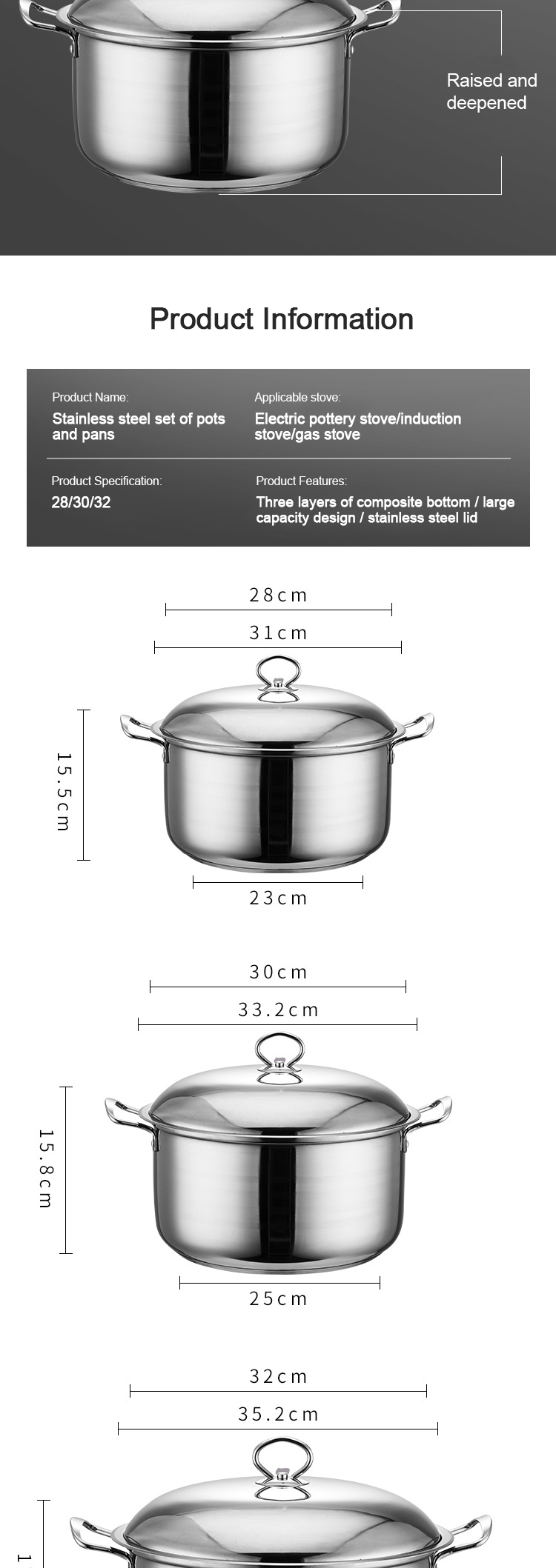 Multifunction Large Capacity Kitchen Cookware Pot 3 Pieces Stainless Steel Ollas Soup Pot Set Cookware Set