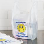 1 / 6 Size 0.71 Mil T Shirt Shopping Bags Heavy Duty Happy Face Pattern