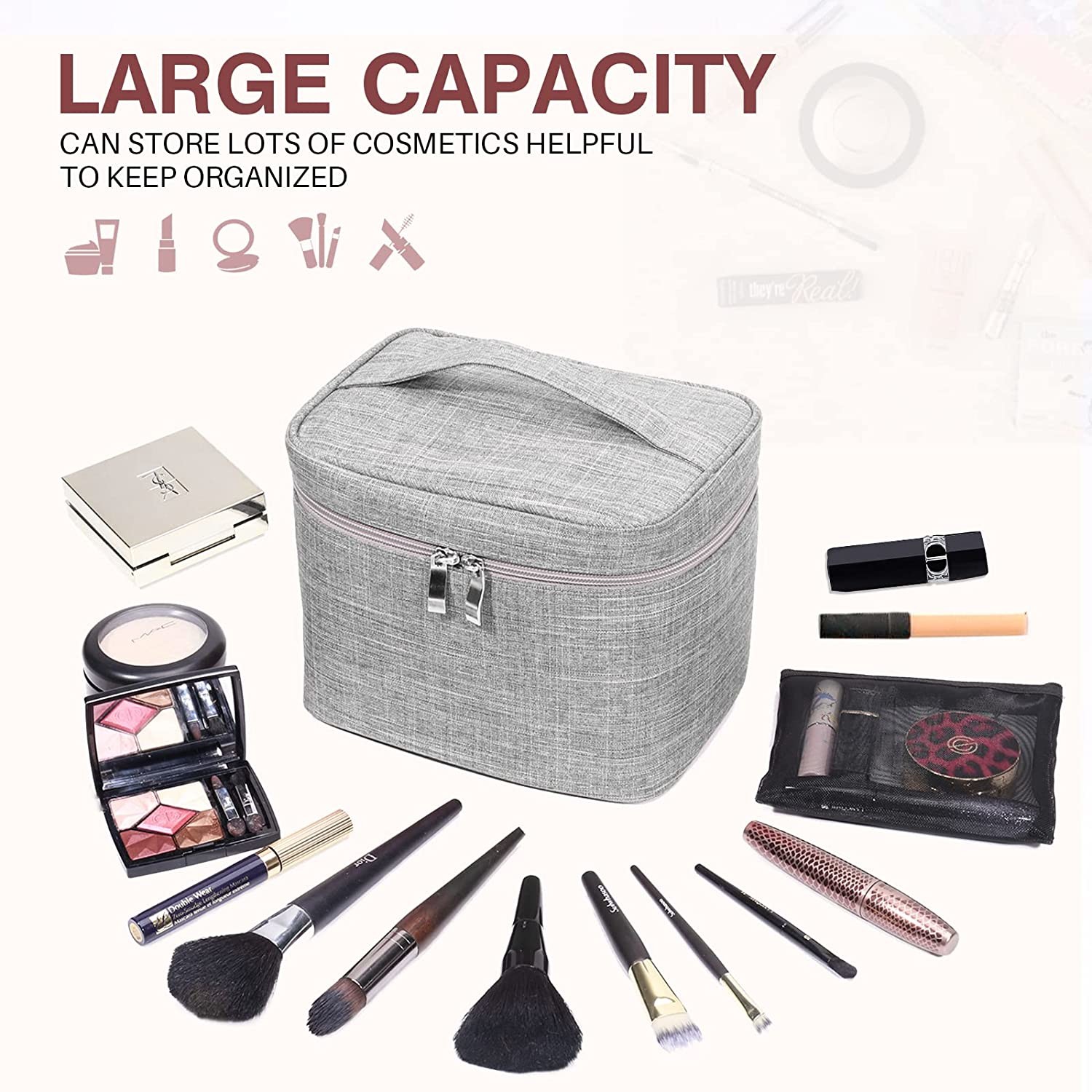 Waterproof and shockproof Makeup Bag Travel Makeup Bag Storage Bag with Mesh Bag Brush Holder Makeup Bag Women's