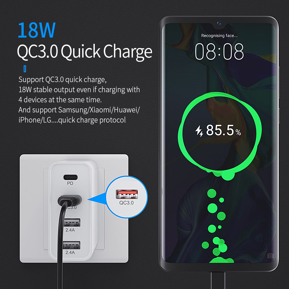 Essager 2021 Earl 48W USB Type C 4 Ports 18W 48W Fast Charging Pd Wall Charger For Mobile Phone With Cable