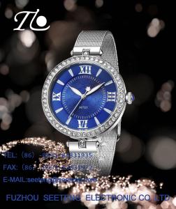Wholesale elegant ladies watch classic wrist watch blue dial with a circle diamond on the case from china suppliers