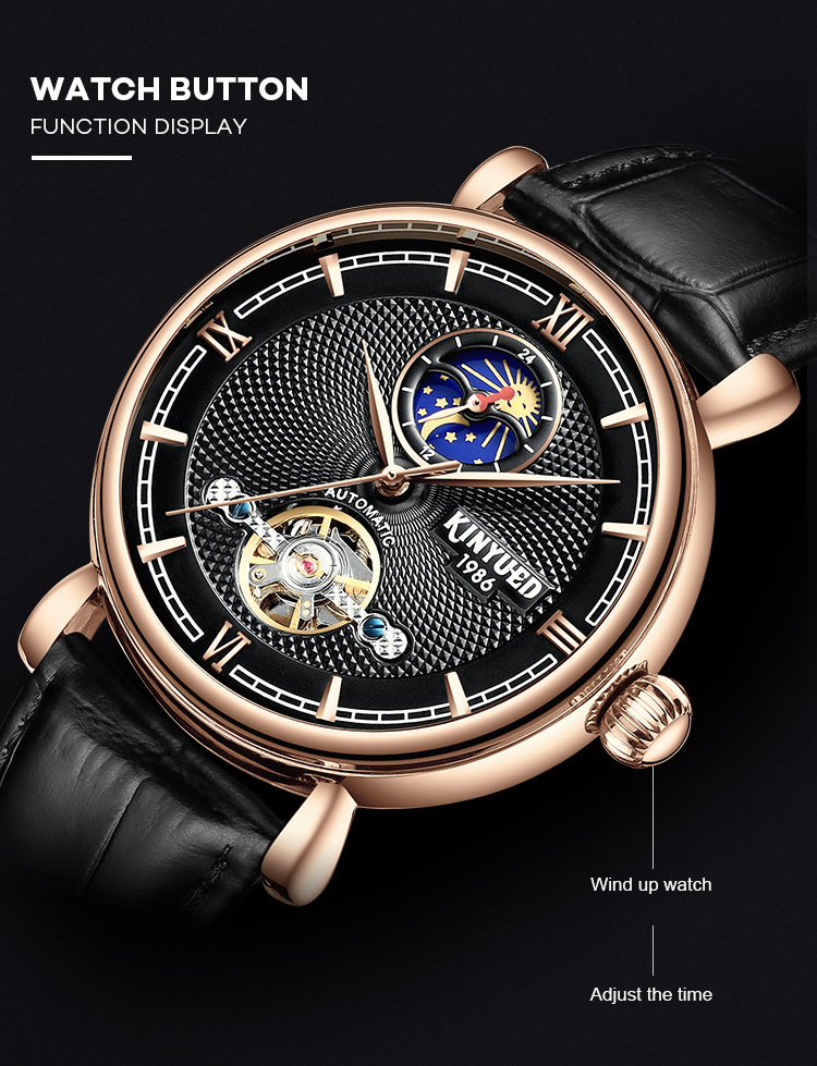Black Genuine Leather Mechanical Watch Moon Phase Multi Functional