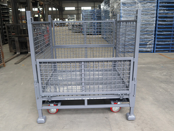1000Kg White Foldable Wire Mesh Pallet Cage Warehouse Stillages Trolley With Wheels