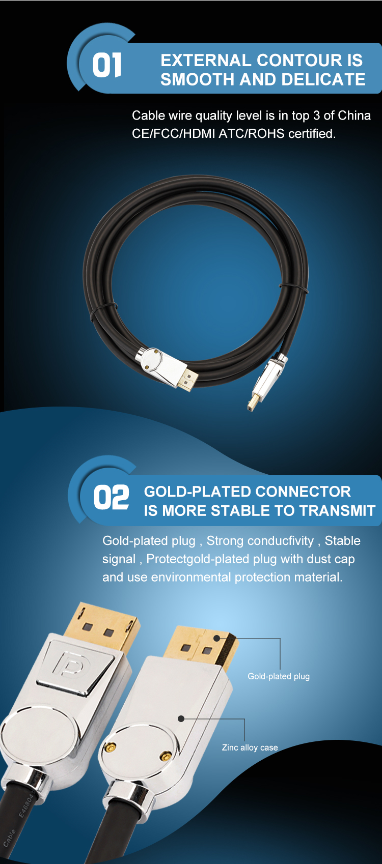 Oxygen Free Copper 3m Male To Male 8k Displayport Cable Dp 1.4