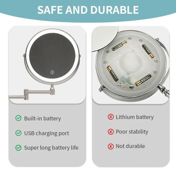 8 Inch Chrome 10x Magnifying Double Side USB Charging Bathroom 3 Color Makeup Mirror lamp(WH-MR-82)