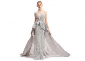 China Floor Length O Neck Prom Wedding Dresses / Grey Beading Muslim Evening Dress on sale