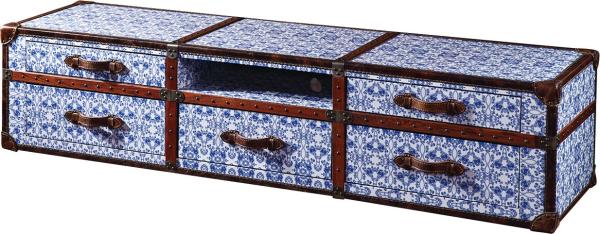 Antique Porcelain Leather TV Stand Furniture 5 Drawers Vintage Blue And White