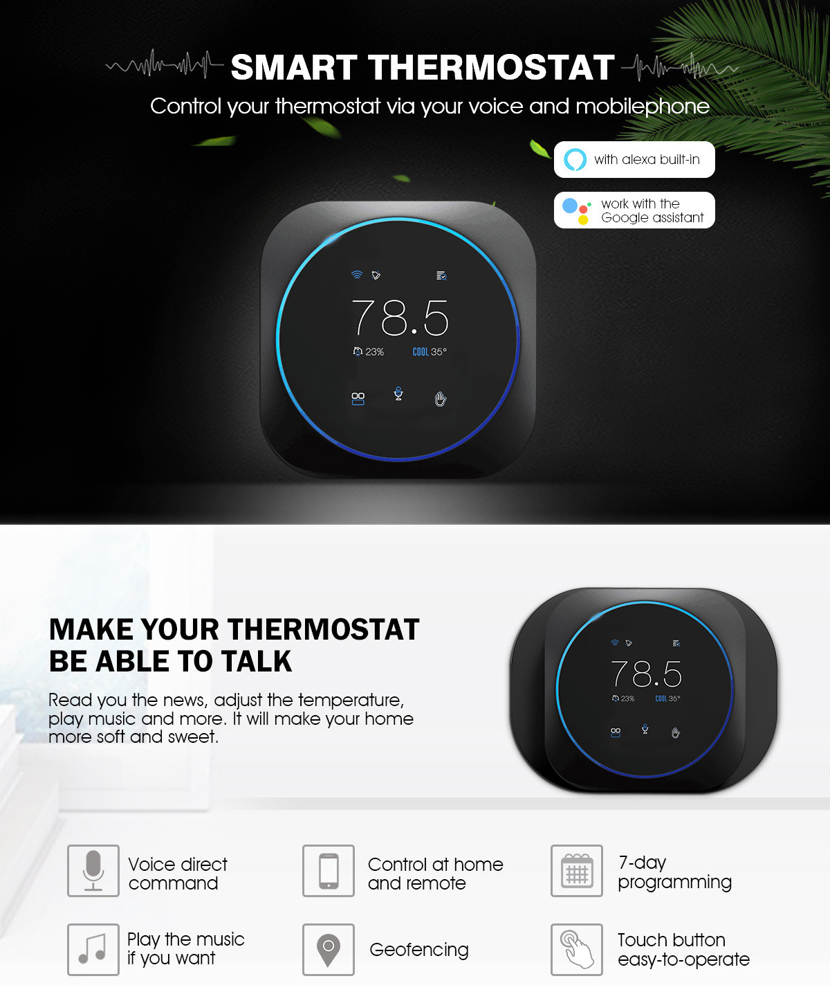 24VAC LED WiFi Smart Thermostat With Voice Control Electric Heat Thermostat