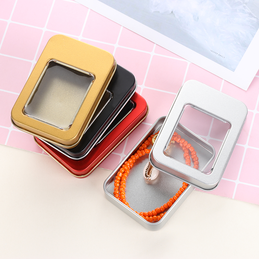 115x85x22mm Tin Box With Clear Window , Multicolor Small Metal Hinged Tins