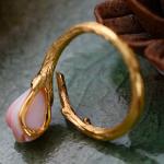 Women Sterling Silver Natural Pink Shell Tulip Gold Plated Ring Open Adjustable