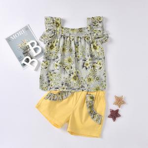Wholesale Flower Printed Shrinkled Top + Ruffled Pocket Embroidered Bottoms Girl Summer Set from china suppliers