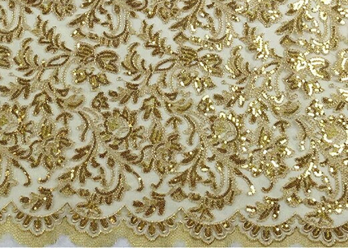 Stretch Golden Lurex Sequin Lace Fabric , Nylon Mesh Fabric With Sequin Golden Thread