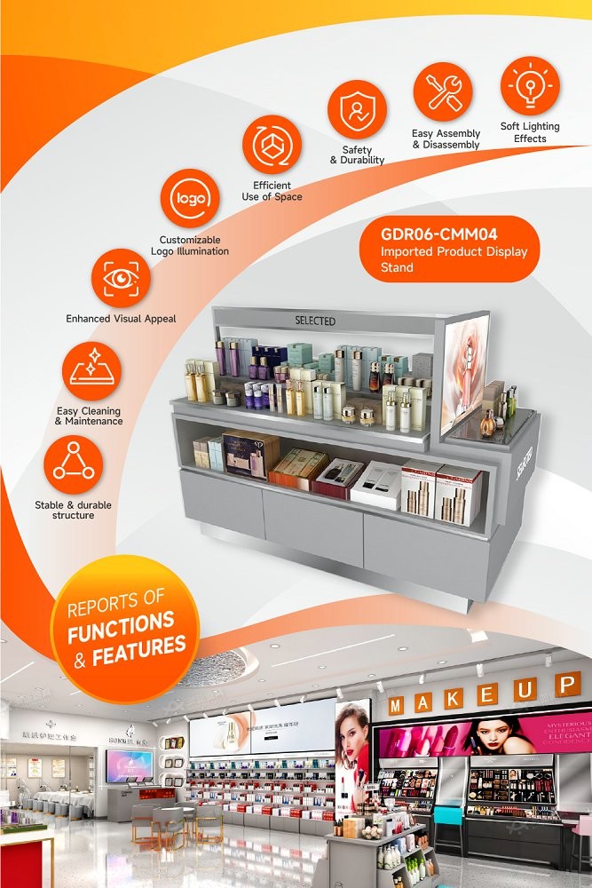 GDR06-CMM04 Skincare Display Stand with 40mm Soft Film Light Box and 5mm Gray Glass for Luxury Retail