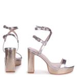 High Heel 120mm Ladies Block Heel Sandals Silver Toned Mirrored Leather