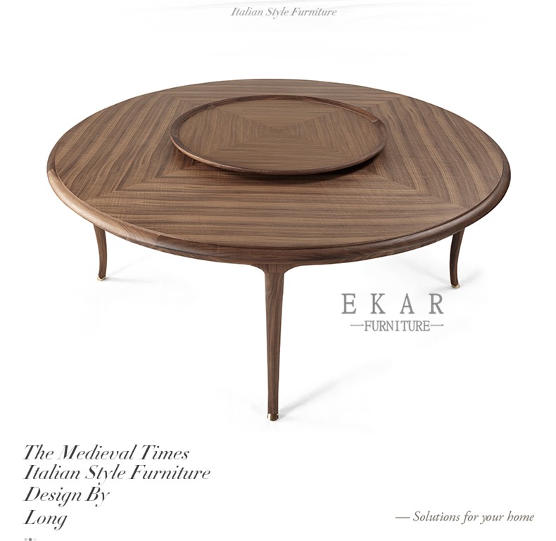 Italian Designer Luxury Walnut Solid Wooden Round Rotating Center Dining Table