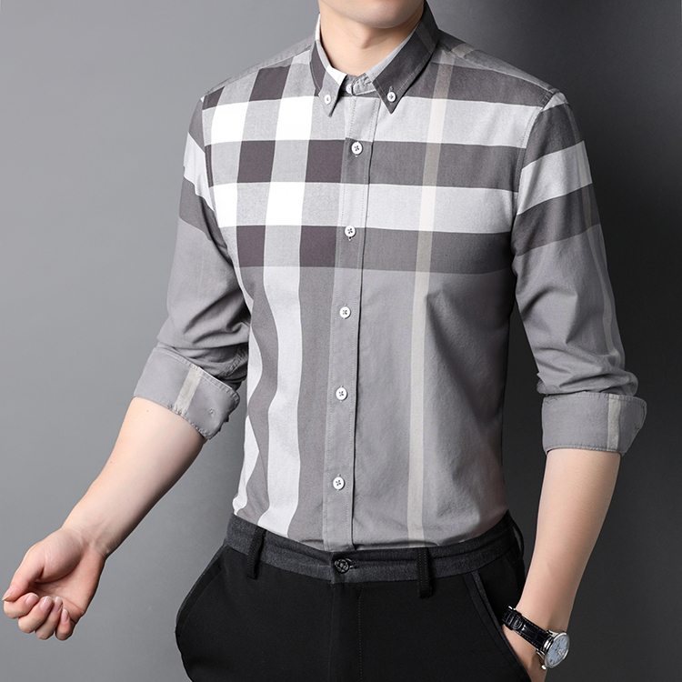 2023 Solid Grey Check Men's Casual Dress Shirt in Spring and Autumn for S-2XL Mens Shirts