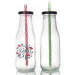 Lead Free French Round 25Oz 32Oz Glass Fresh Milk Bottles For Iced Drinks
