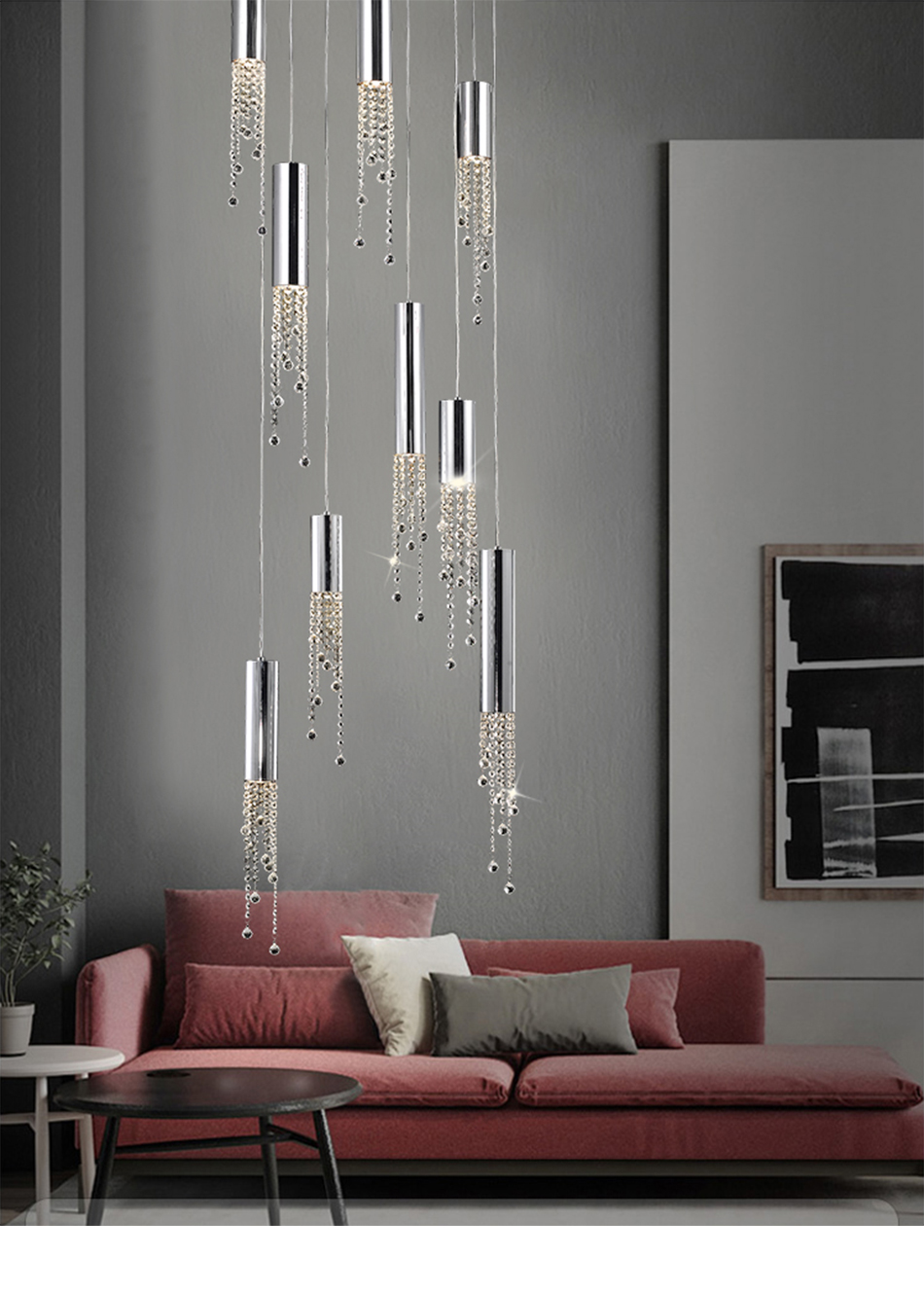 Modern chrome crystal ceiling chandelier for dining room long loft staircase large chandelier(WH-NC-46)