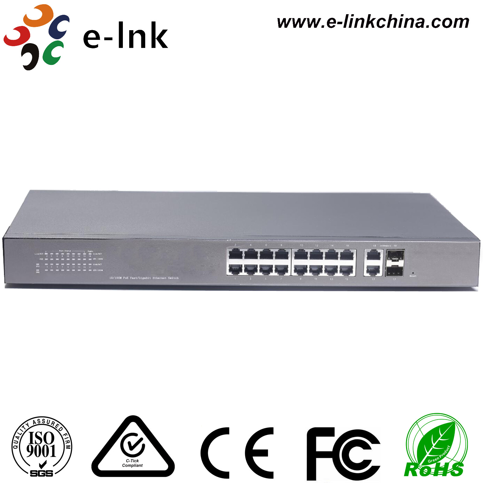 16 ports 10 / 100 / 1000Mbps TP PoE with 2 ports SFP Fiber Ethernet PoE Switch