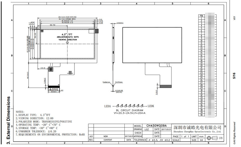 TN Transmission Resistive Lcd Touch Screen 4.3" Halogen Free TFT RTP