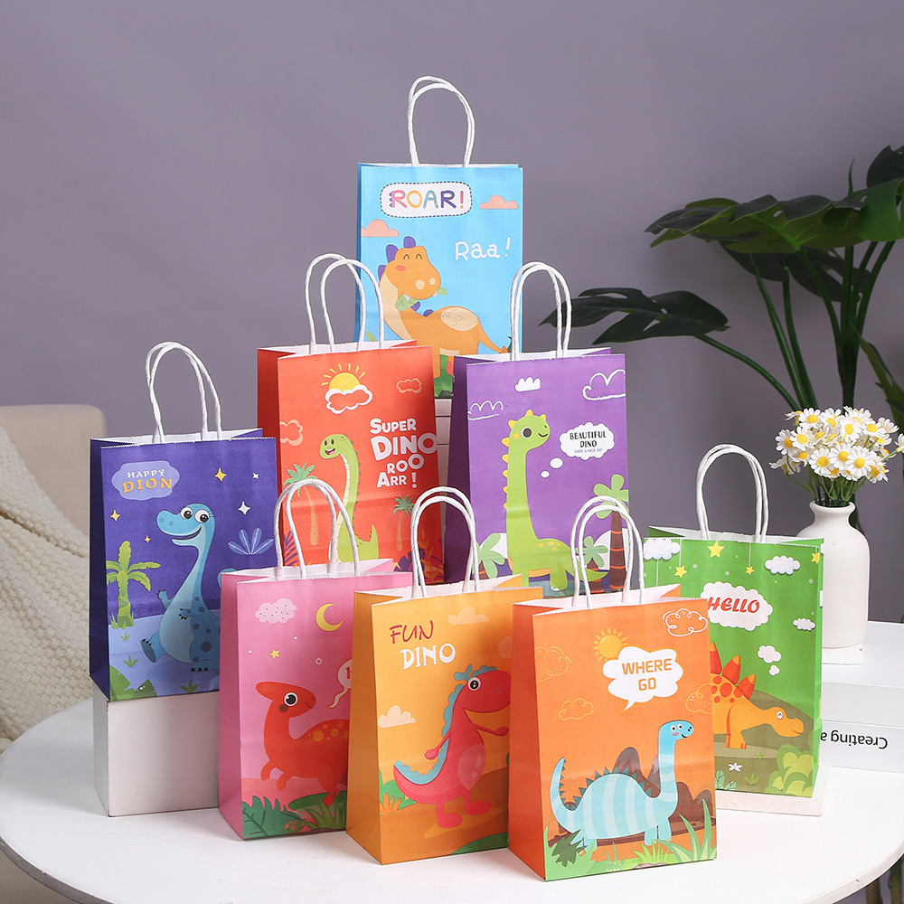 Brown Kraft Paper Dinosaur Hand Printed Cartoon Shopping Bag for Clothing in Shopping Mall