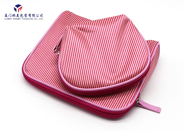Modern Style Fabric Makeup Bag Pink White Stripe Satin Cloth Size 22X4.5X18cm