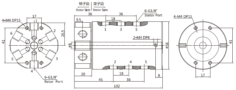 3006006 series 3006006 Series G1/8 6 Passage Rotary Unions slip ring Drawing 