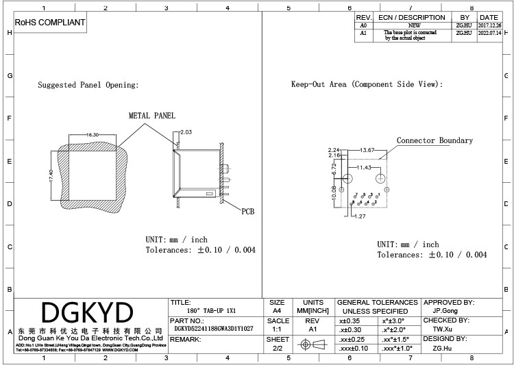 DGKYD52241188GWA3D1Y1027 8P8C RJ45 Socket 180 Degree Direct Socket Interface