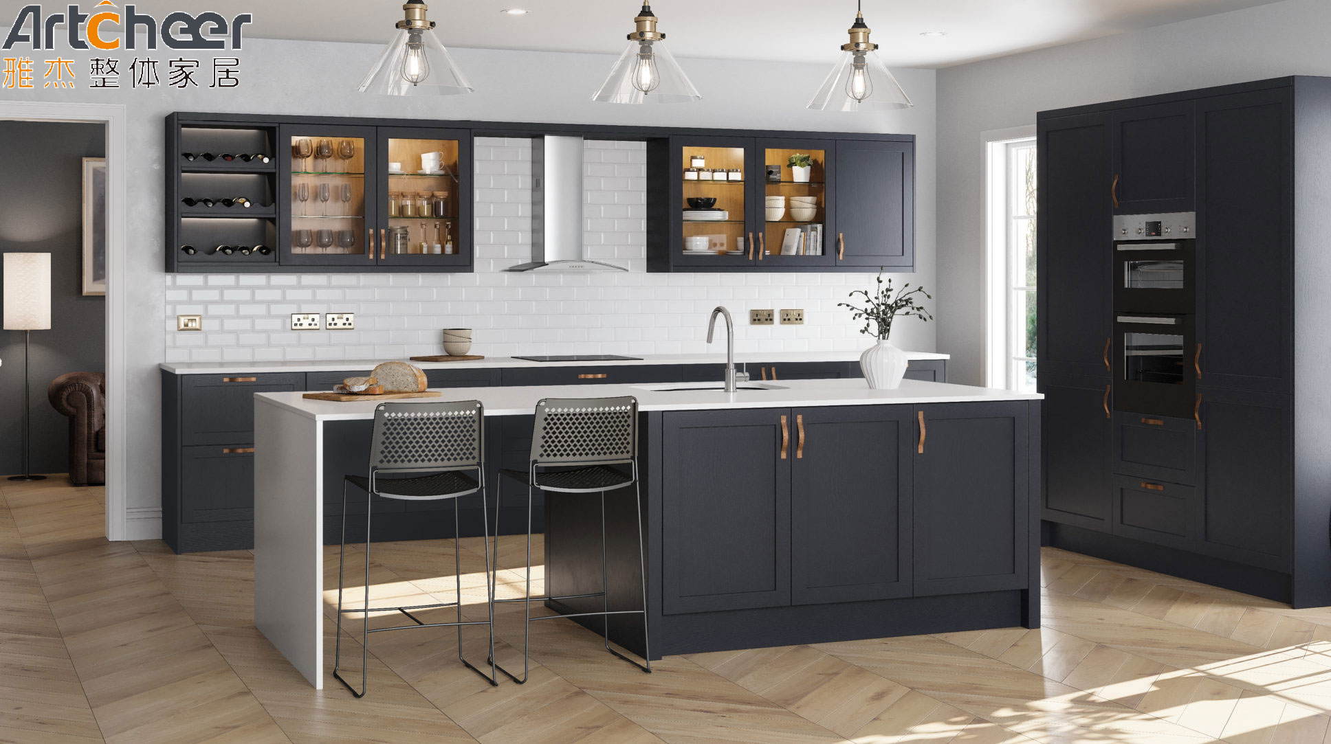Custom Made Small Apartment Kitchen Cabinets with Crystallized Glass Panel Countertop