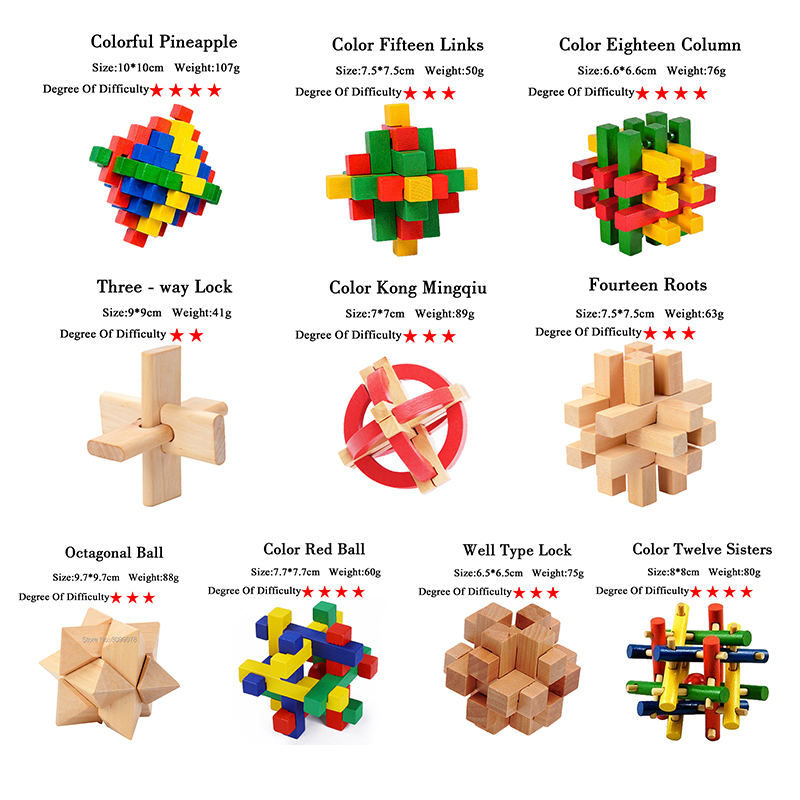 Wooden Kong Ming Puzzles Set Luban Lock IQ Puzzle Game for Adult Kids Time Killer Brain Teaser 3 Levels Degree Game Toy