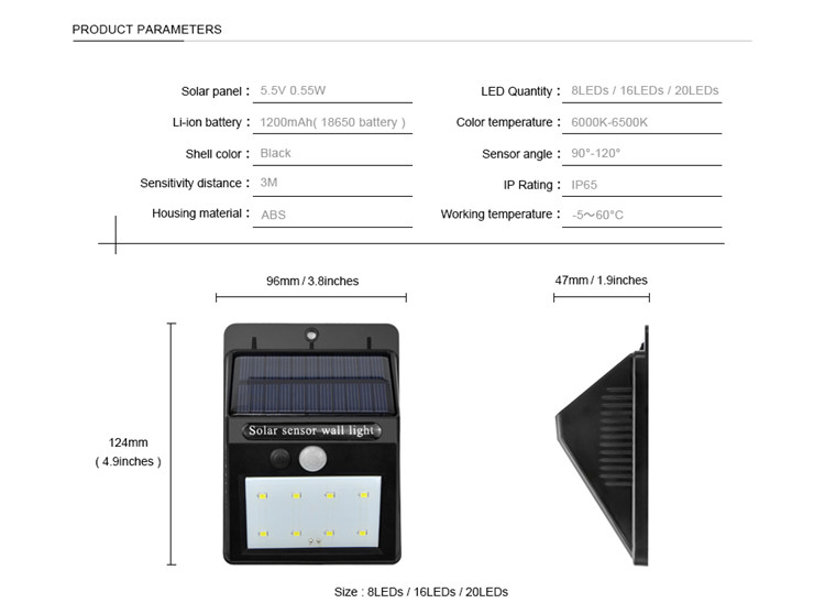 Aluminum Alloy Solar Wall Wash Light , PIR Motion Sensor Wall Lamp Easy Install
