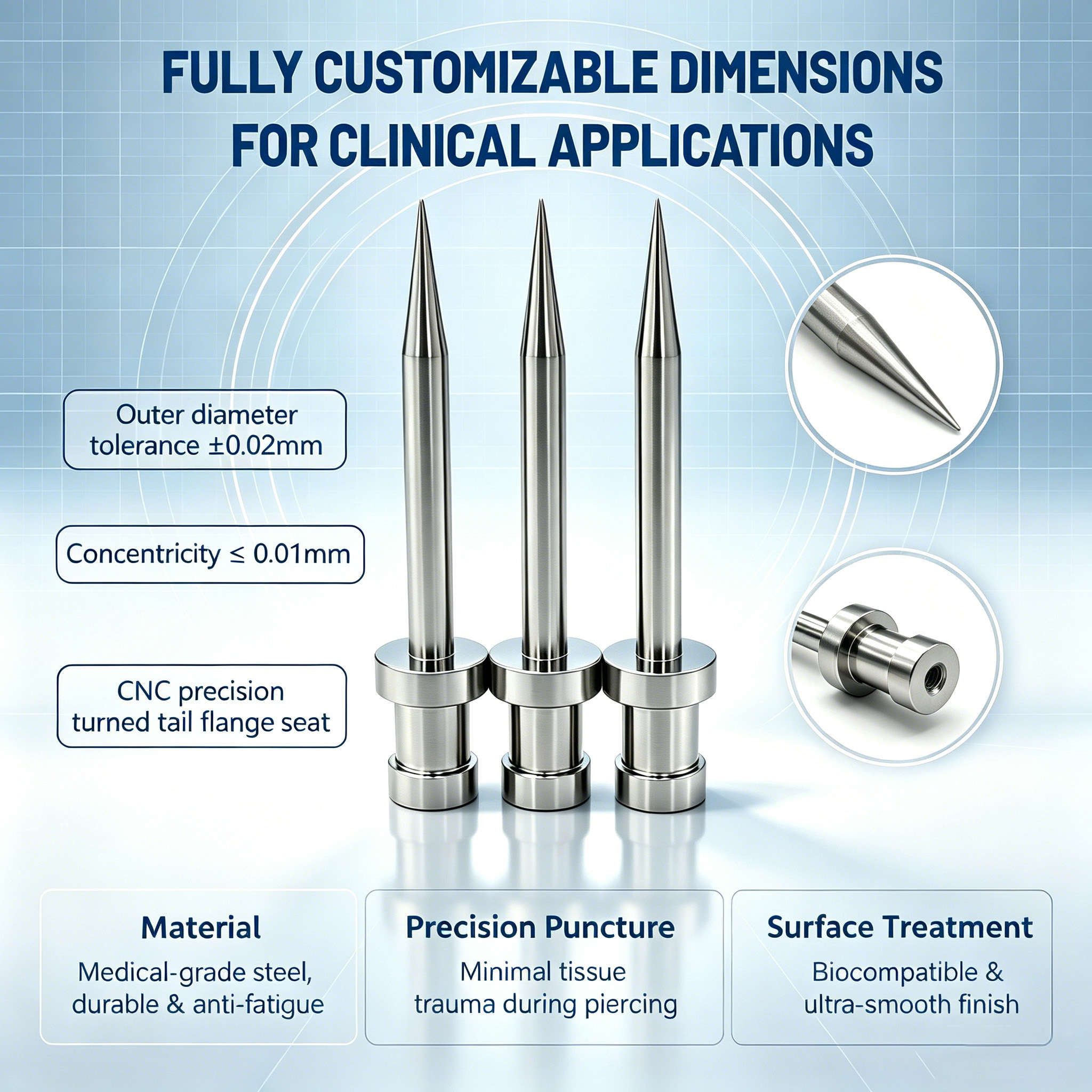 Custom Machined Solid Taper Pen Tip Needle Component with Positioning Flange - Built to Print