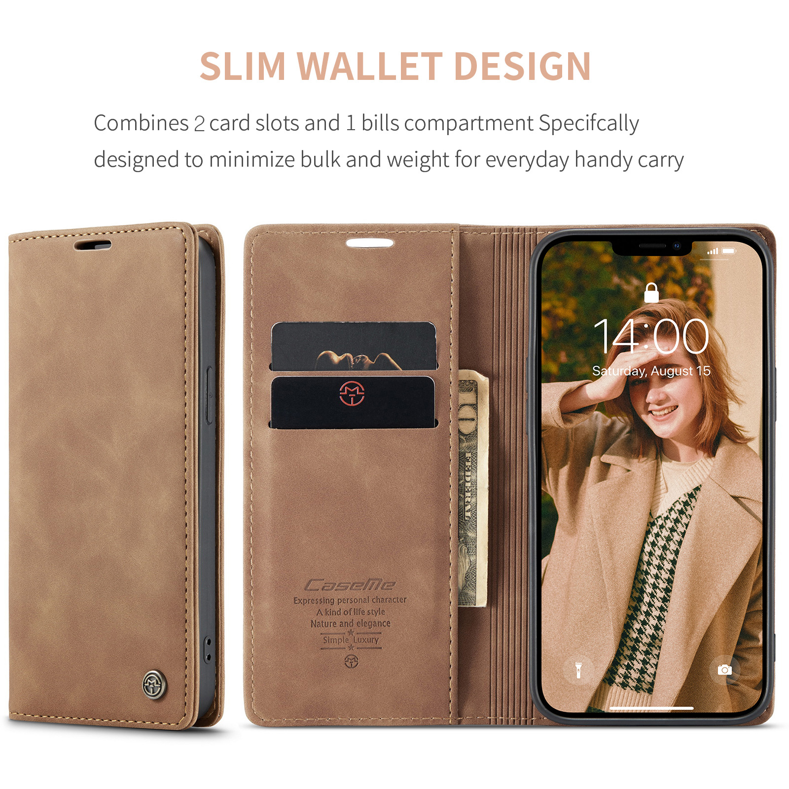 CaseMe 15 Pro Phone Case TPU Leather Back Cover with Card Magnetic Holder and Test