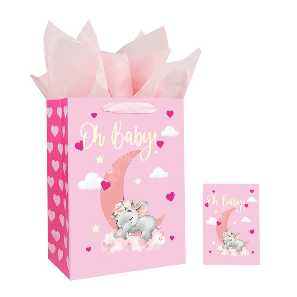Custom Order 300gsm Ivory Board Pink Baby Shower Gift Carrier Paper Bag for Baby Clothes
