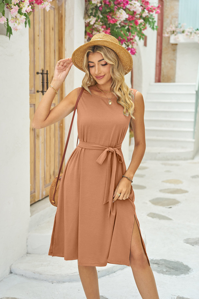2023 New Dress Europe and The United States Summer Sleeveless Belt Pocket Slit MID-Long Sundress