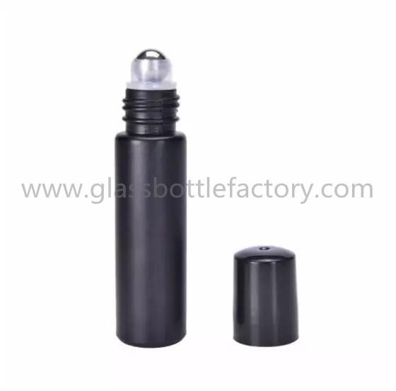 Quality 10ml Matte Black Round Perfume Roll On Bottle With Black Cap and Roller for sale