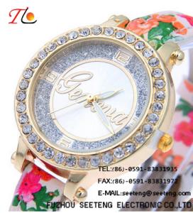 Wholesale Flower printing PU leather strap and diamond inset case for ladies watch from china suppliers