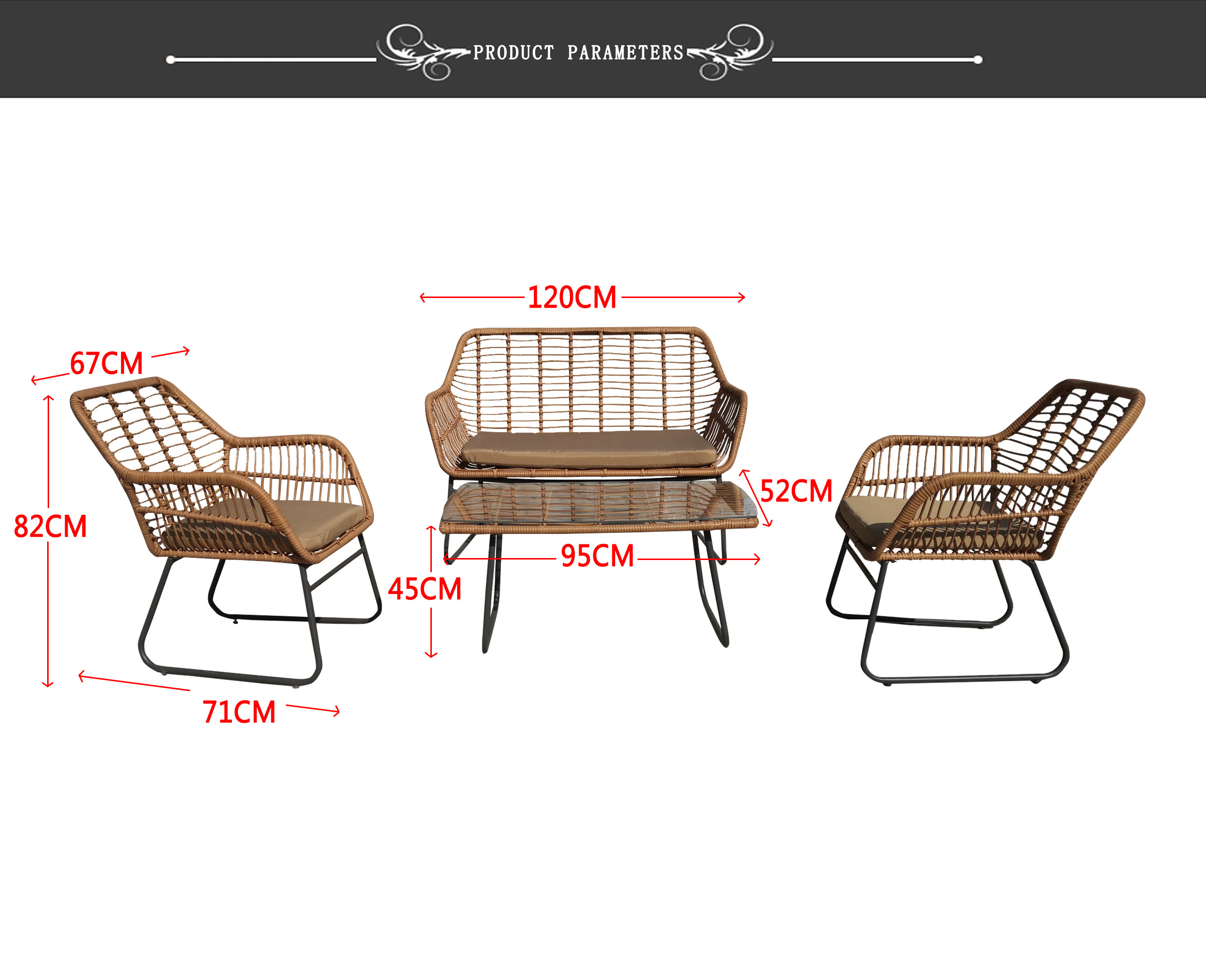 Garden Rattan Dining Table And Chairs Steel PE Rattan Woven Coffee Table Chair Sofa