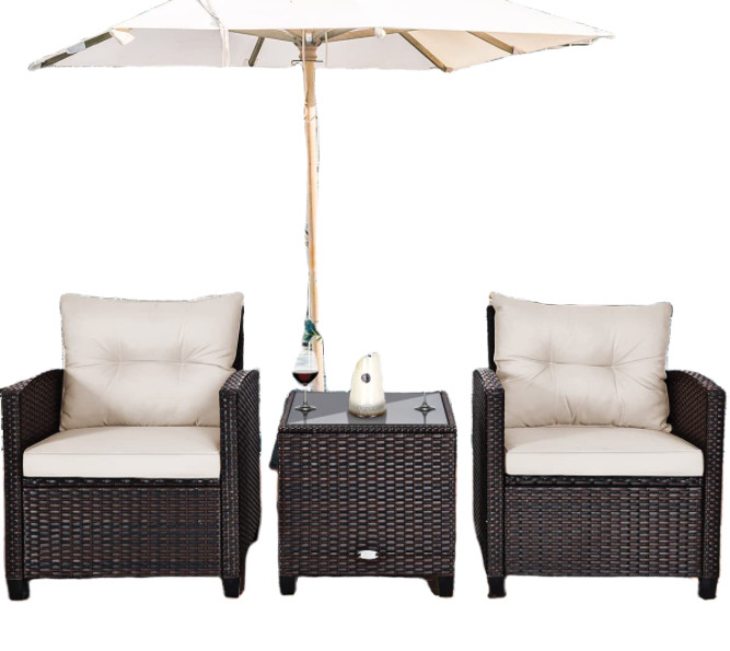 3pc Patio Wicker Bistro Conversation Patio Balcony Poolside-2 Cushioned Armchairs Glass Topped Table Outdoor Rattan Sofa